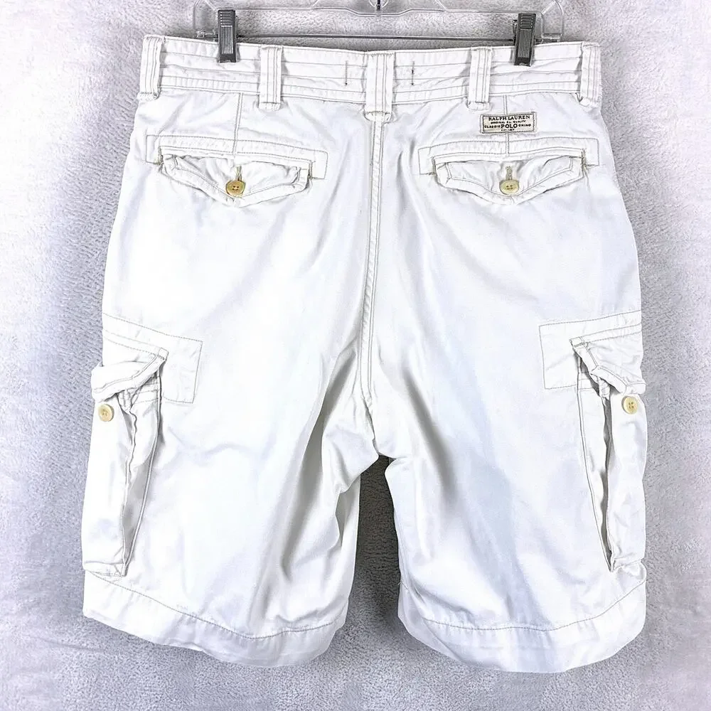 VTG Polo Ralph Lauren Cargo Shorts Mens 34 White Y2K Preppy Baggy Skate Military